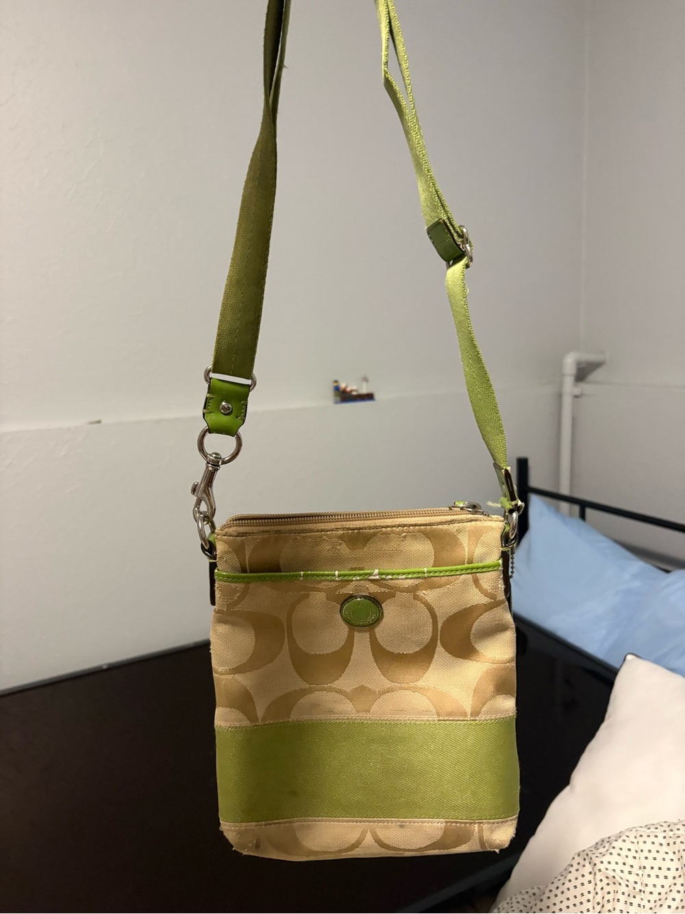 Canvas Crossbody Bag in Green and Tan - Picture 1 of 5